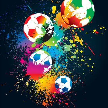 siyah bir arka plan üzerinde renkli futbol topları