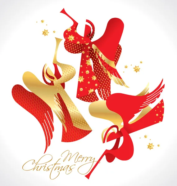 Natale rosso e oro figurato Angeli con stelle su un dorso bianco — Vettoriale Stock