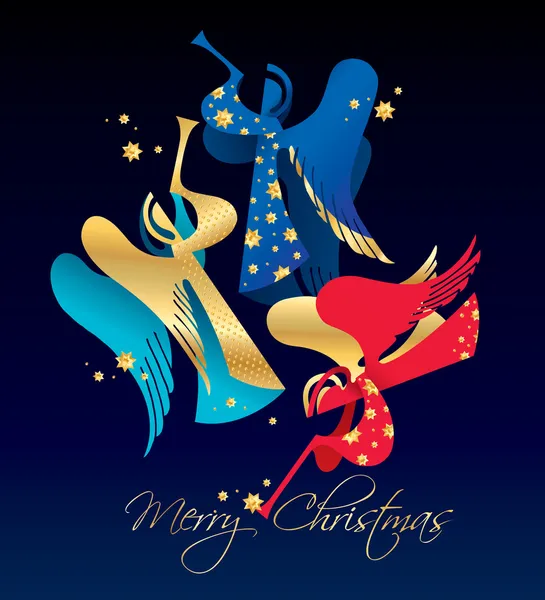 Natale immaginato Angeli con stelle dorate su uno sfondo blu scuro — Vettoriale Stock