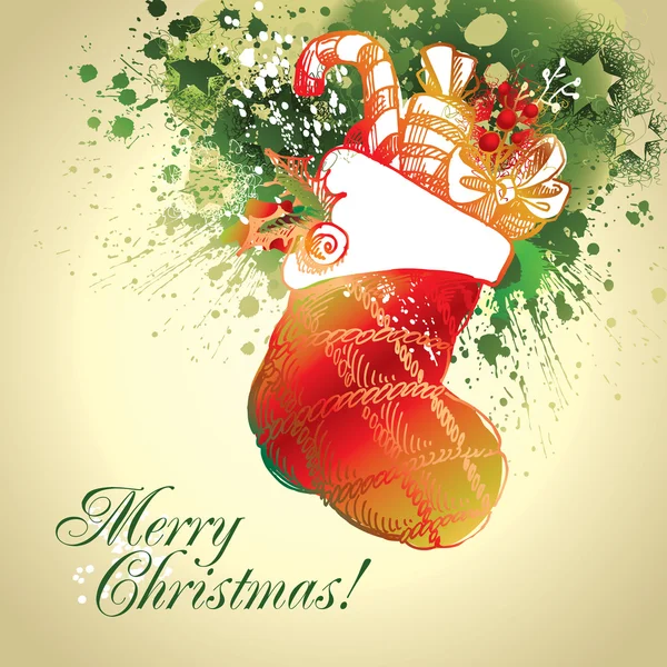 Un colorato calzino natalizio con gocce e spray su uno sfondo beige — Vettoriale Stock