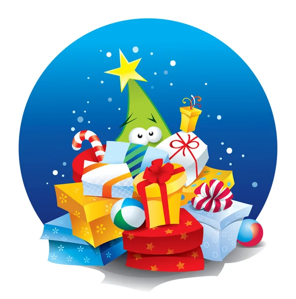 Arbre de Noël avec beaucoup de cadeaux. Illustration vectorielle . — Image vectorielle