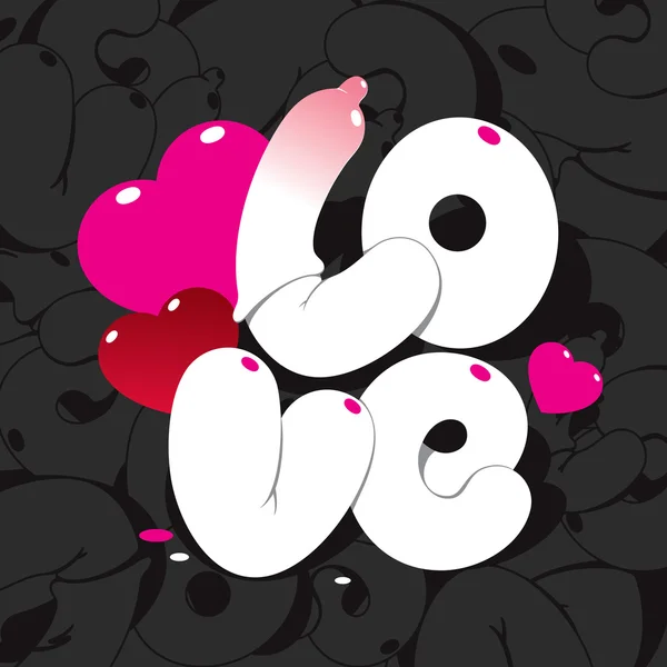 Valentinskarte mit Schriftzug Liebe auf schwarzem gemustertem Hintergrund — Stockvektor