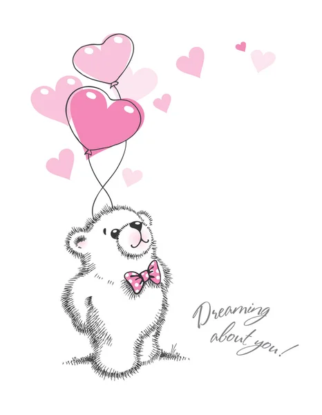L'ours en peluche garde les ballons en forme de cœur. Dessiné à la main — Image vectorielle