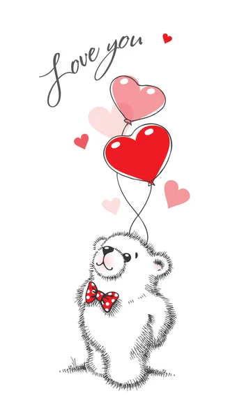 Teddy bear houdt de ballonnen in de vorm van harten. hand getrokken — Stockvector