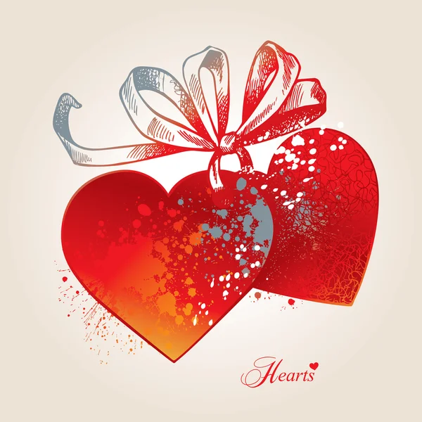 Tarjeta de San Valentín con dos corazones, arco y cintas en un respaldo beige — Archivo Imágenes Vectoriales