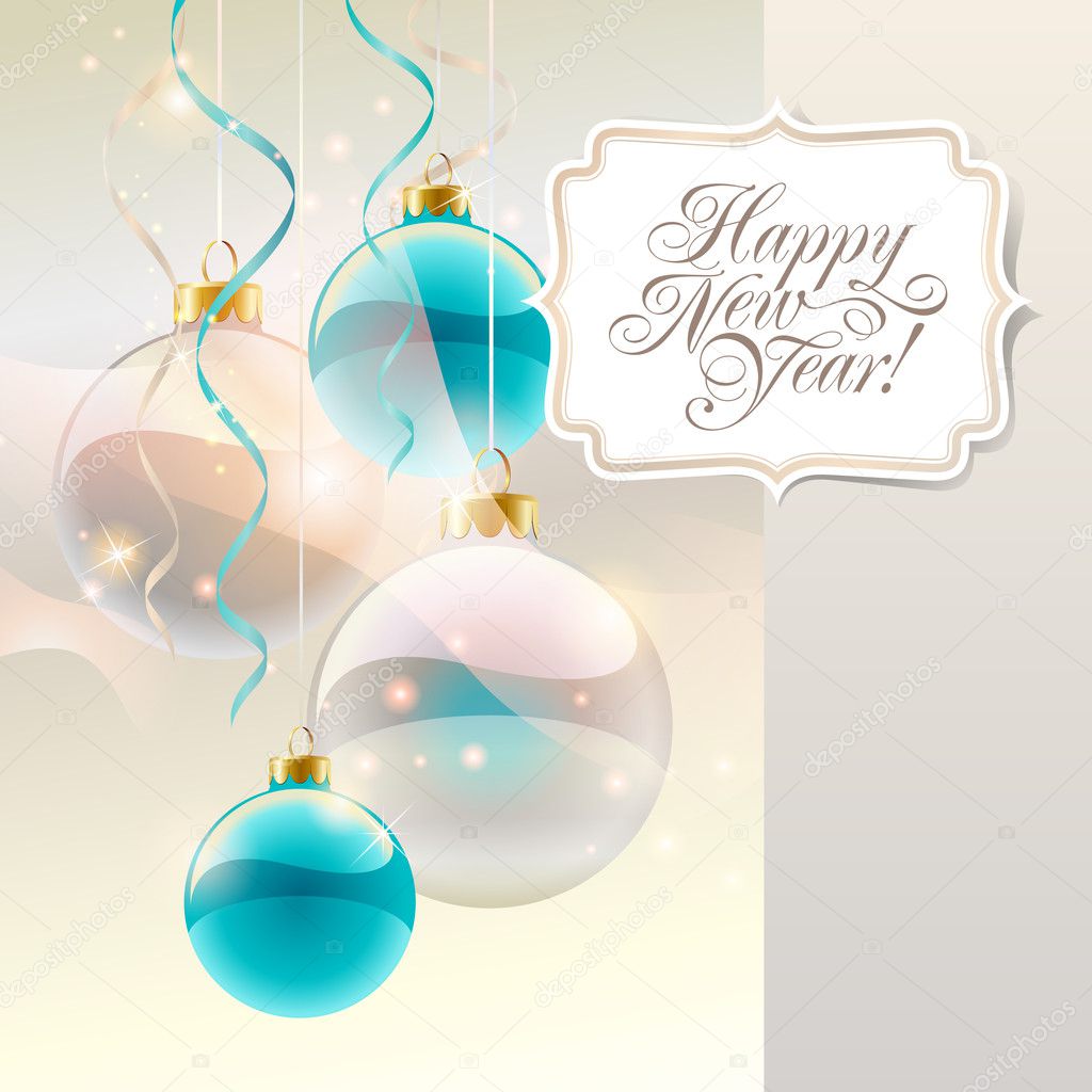 Christmas card with baubles and sticker with lettering. Vector i
