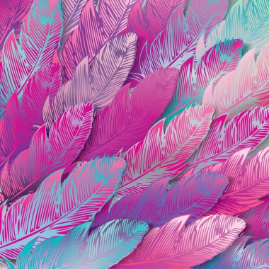 Background of iridescent pink feathers, close up, vector illustation