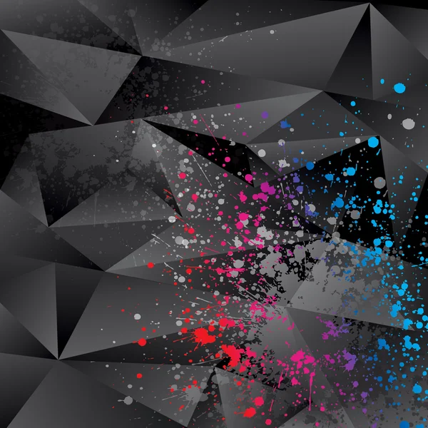 Abstrakter Hintergrund mit schwarzen Dreiecken und Farbsprays — Stockvektor