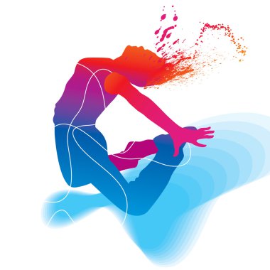 The dancer. Colorful silhouette with lines and sprays on abstrac
