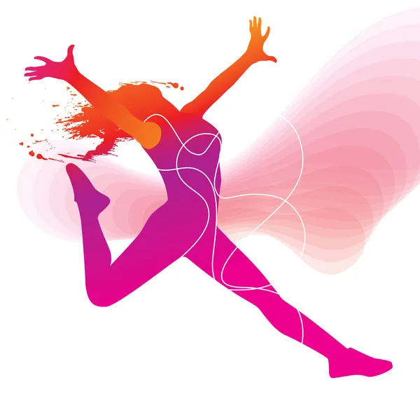 La danseuse. Silhouette colorée avec lignes et sprays sur abstrac — Image vectorielle