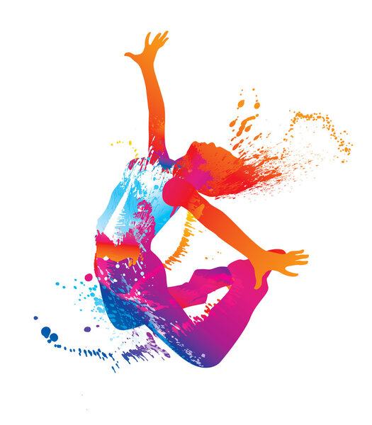 The dancing girl with colorful spots and splashes on white backg