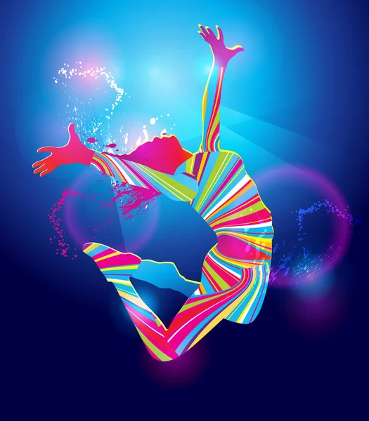 La fille dansante colorée projecteur avec des taches et pulvérisation sur — Image vectorielle