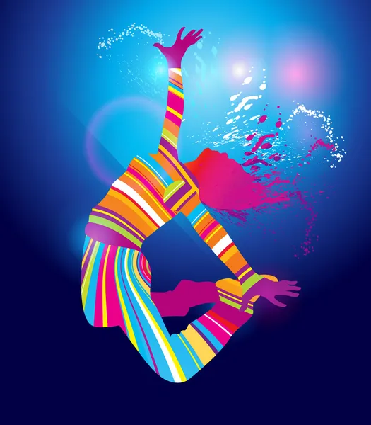 A menina dança colorido floodlighting com manchas e spray em — Vetor de Stock