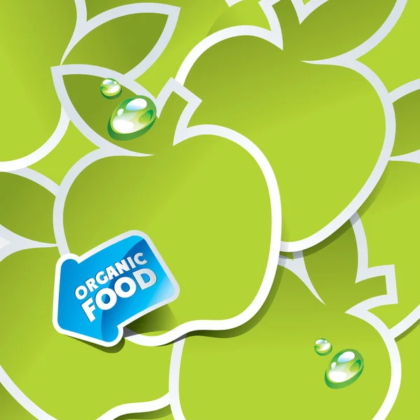 Φόντο από πράσινα μήλα με ένα βέλος από βιολογικά τρόφιμα — Διανυσματικό Αρχείο