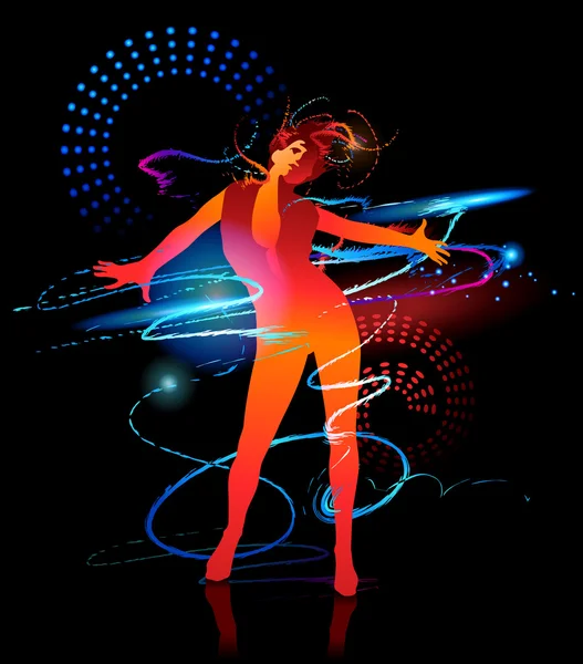 Tančící dívka s zářící šplouchá na černém pozadí. vektor — Stockový vektor