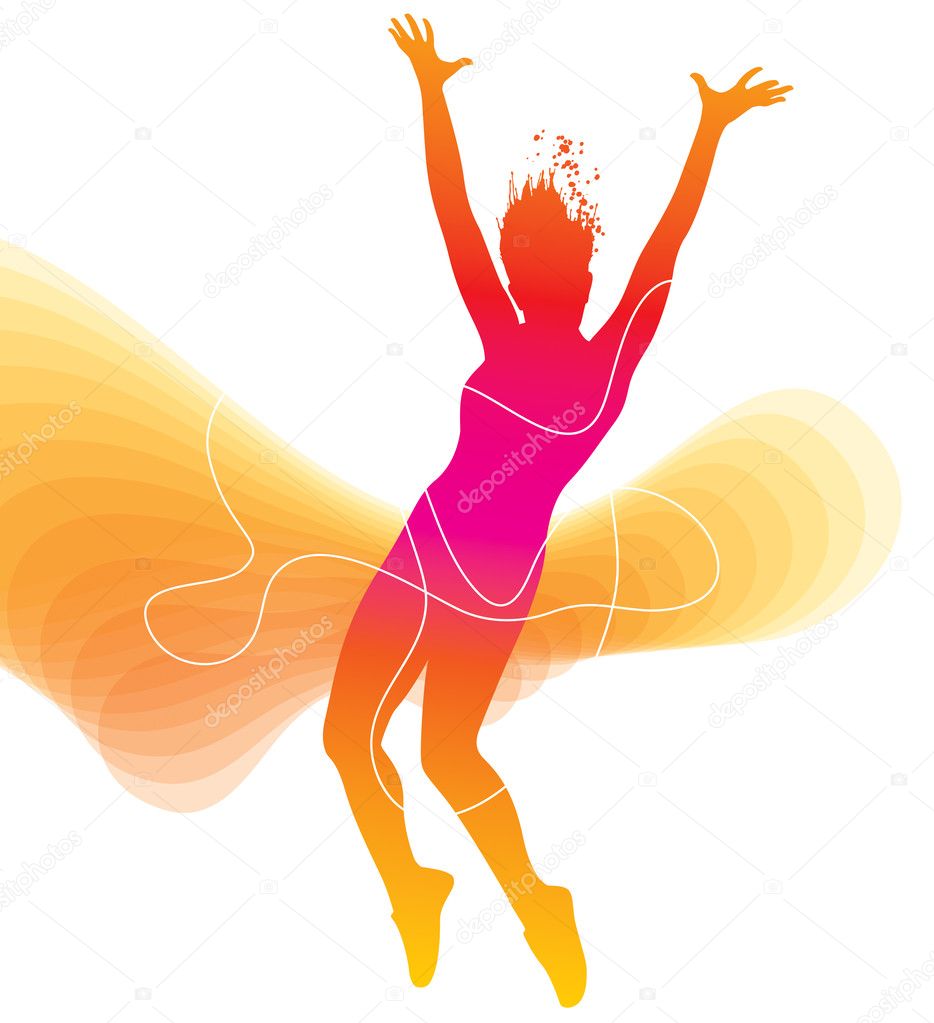 The dancer. Colorful silhouette with lines and sprays on abstrac