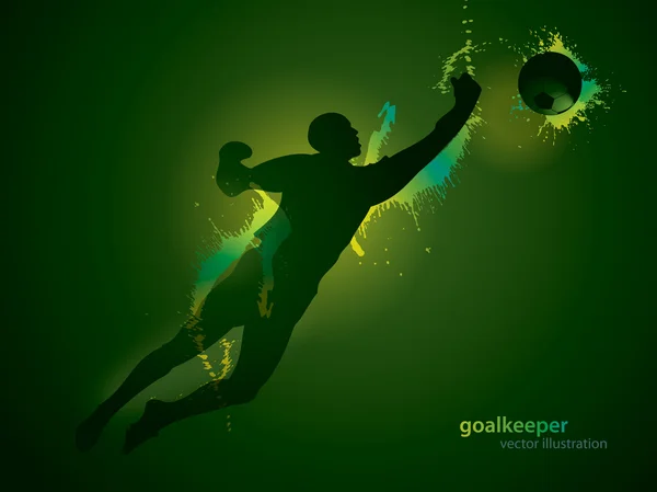El portero de fútbol atrapa una pelota en el fondo oscuro — Vector de stock