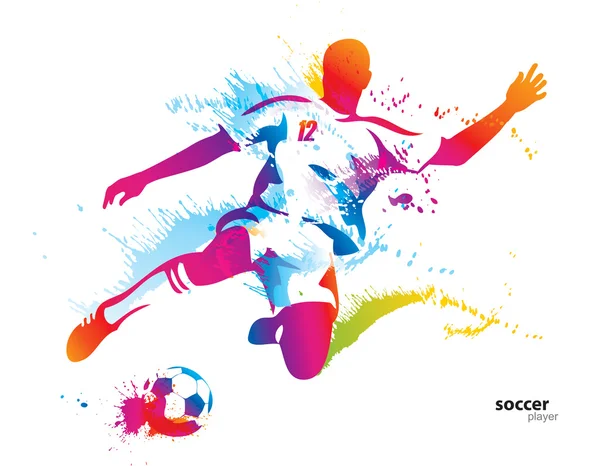 Soccer player kicks the ball. The colorful vector illustration w — Stock Vector