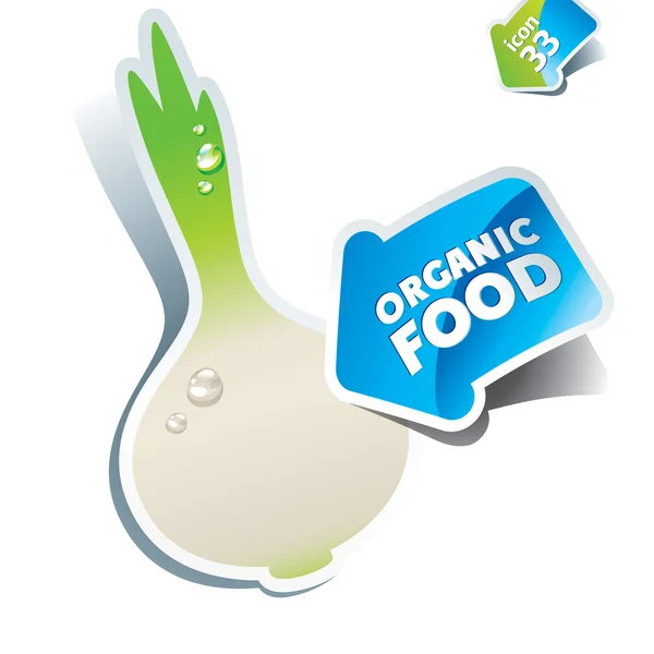 Εικονίδιο λευκό κρεμμύδι με βέλος από βιολογικά τρόφιμα. εικονογράφηση φορέας — Διανυσματικό Αρχείο