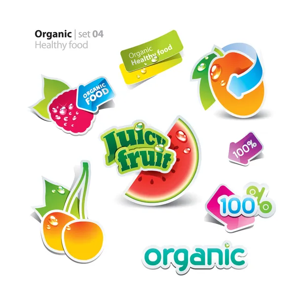 Conjunto de adesivos e ícones de alimentos saudáveis e orgânicos. Vector il —  Vetores de Stock