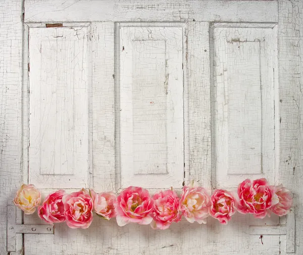 Flowers on a paneled vintage door — Stock Photo, Image