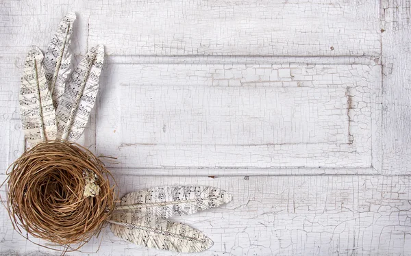 Paper feathers and nest on antique panel — Stock Photo, Image