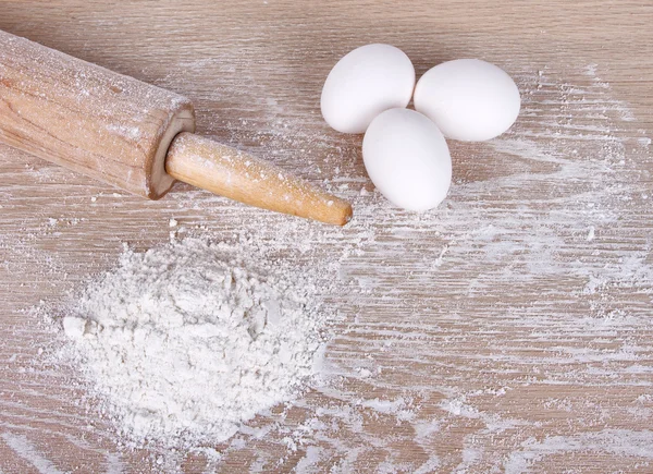 stock image Baking still life, flour, eggs and rolling pin