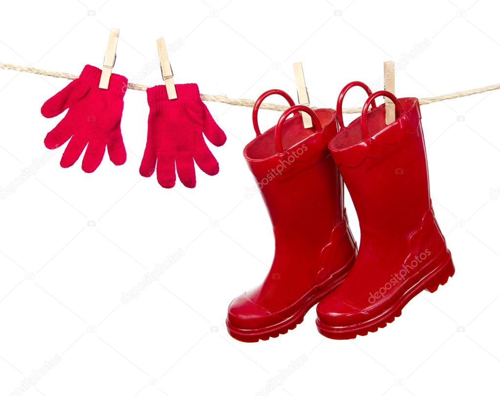 Red Boots and Red Gloves on a clothes line