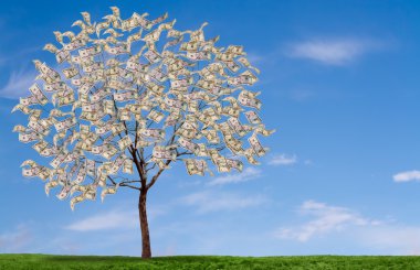 Money tree on blue sky, and grassy feild clipart