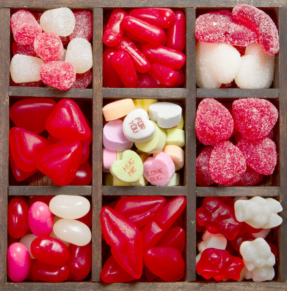 An assortment of red and white valentine candy