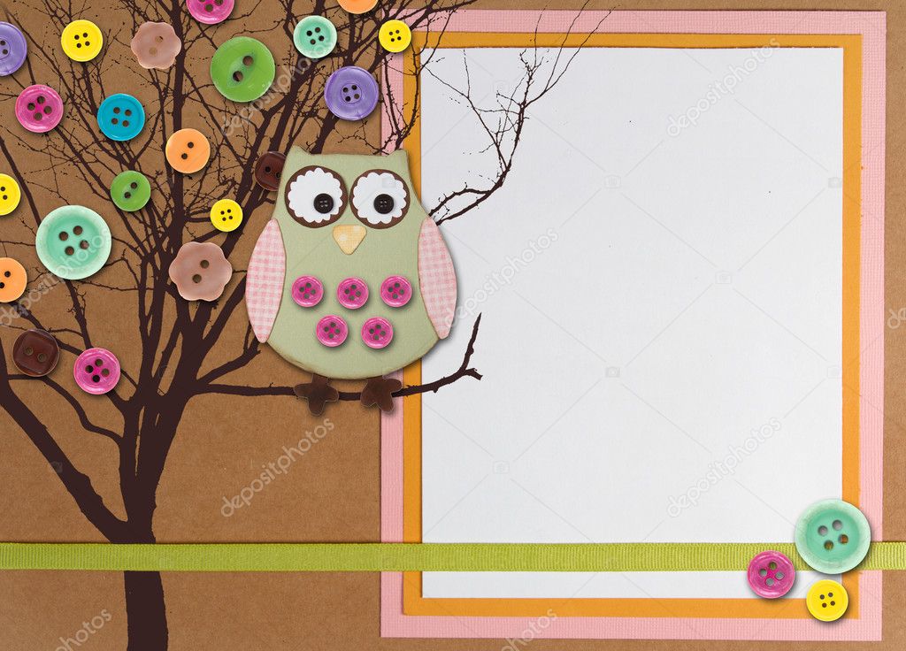 Spring time tree with owl on paper background with copy-space
