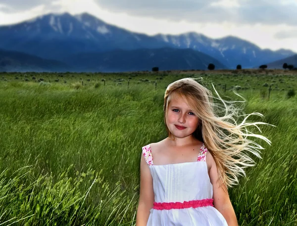 Blond dziewczynka z wiatr wieje przez włosy — Zdjęcie stockowe