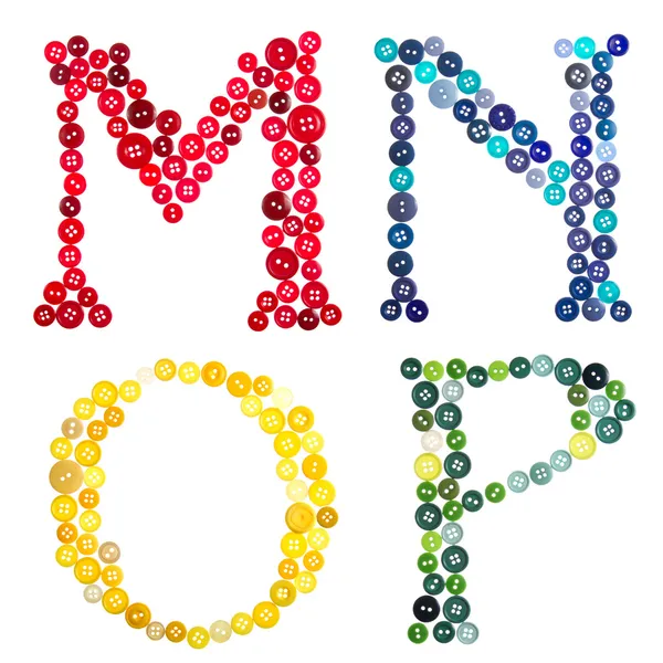 Las letras M, N, O, P hechas de botones fotografiados — Foto de Stock