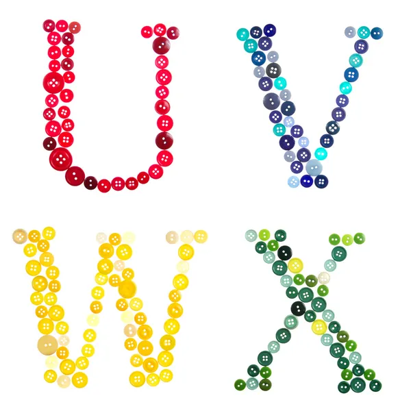 Τα γράμματα u, v, w, και x από φωτογραφημένα κουμπιά — Φωτογραφία Αρχείου