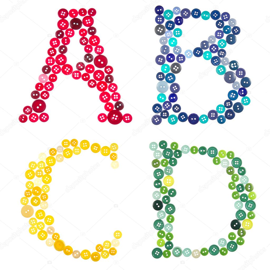 Letters A, B, C, D, made out of photographed buttons