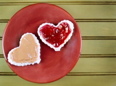 Heart shape peanut butter and jelly sandwtich