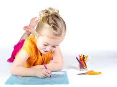 Little girl coloring a rainbow clipart