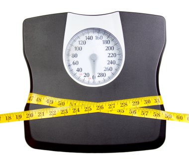 A bathroom scale with a measuring tape clipart