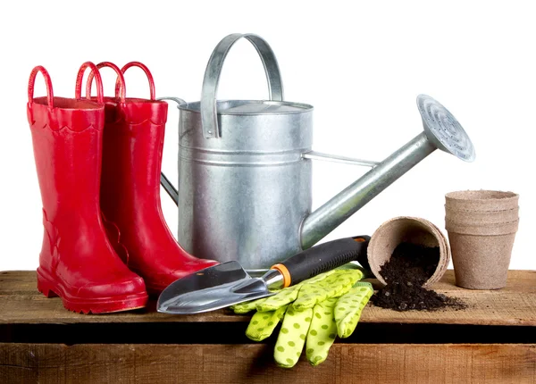 Gardening tools and rubber boots — Stock Photo, Image