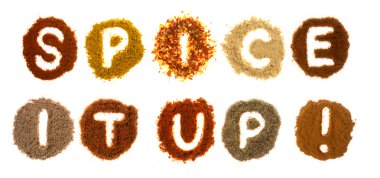 Assorted spices spelling the word: spice it up clipart