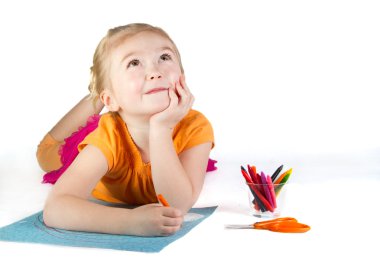 A girl drawing a rainbow, thinking clipart