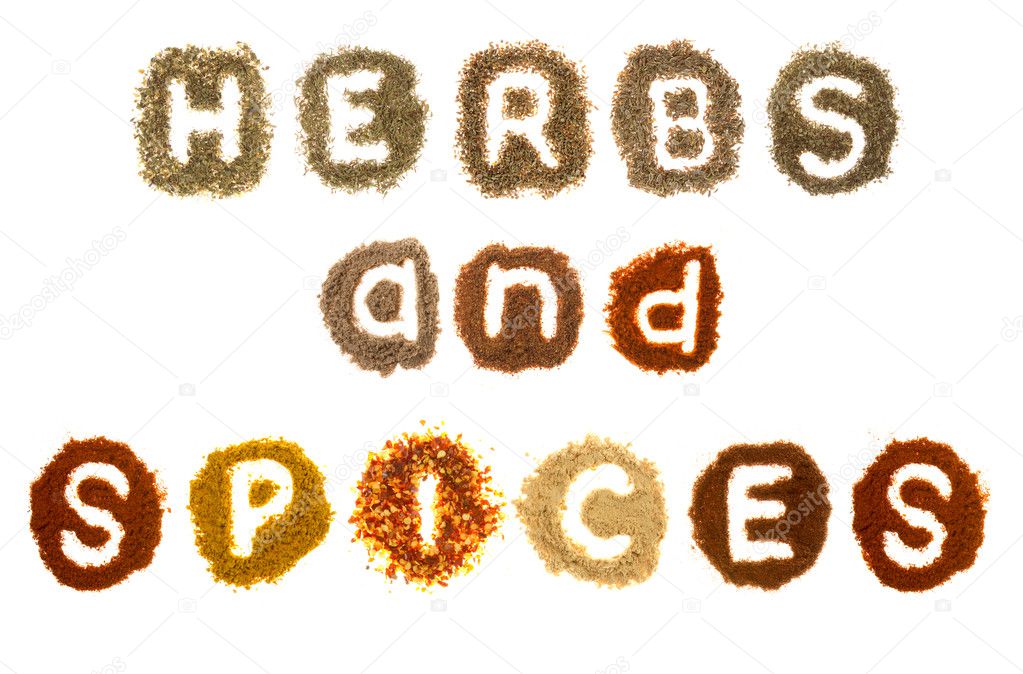 Assorted herbs and spices spelling the words