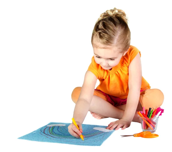 A young girl coloring a rainbow isolated — Stock Photo, Image