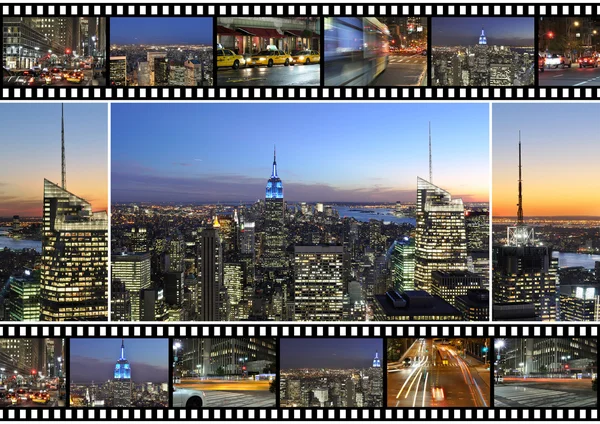 Montaje temático y collage de la ciudad de Nueva York con diferentes lugares y áreas famosas de La Gran Manzana la noche Imágenes de stock libres de derechos