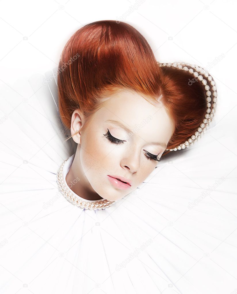 Luxurious redhair duchess - redhead freckled girl with pearl necklace