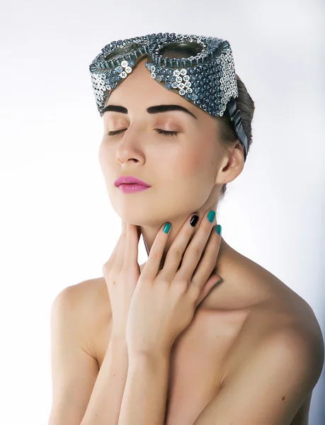 stock image Pretty girl with closed eyes and unusual metallic spectacles