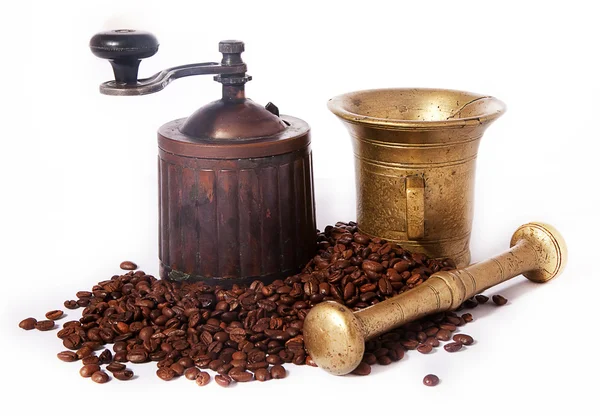 stock image Ancient coffee grinder, mill and brass mortar