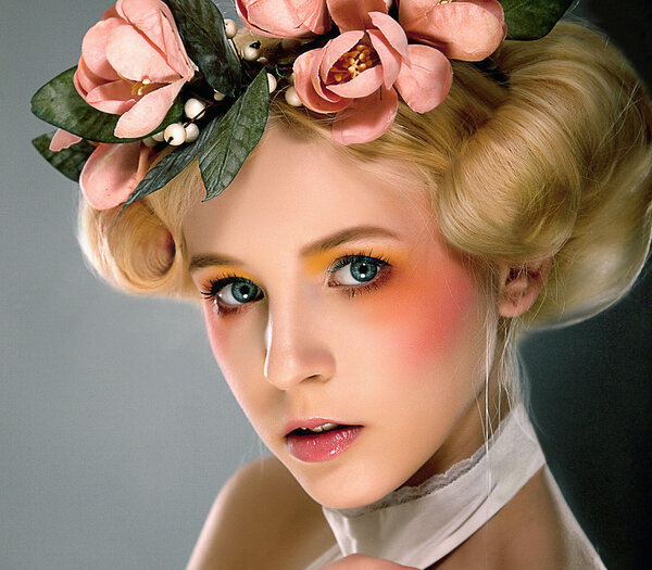 Belle female - bright young blonde girl closeup portrait, studio shot