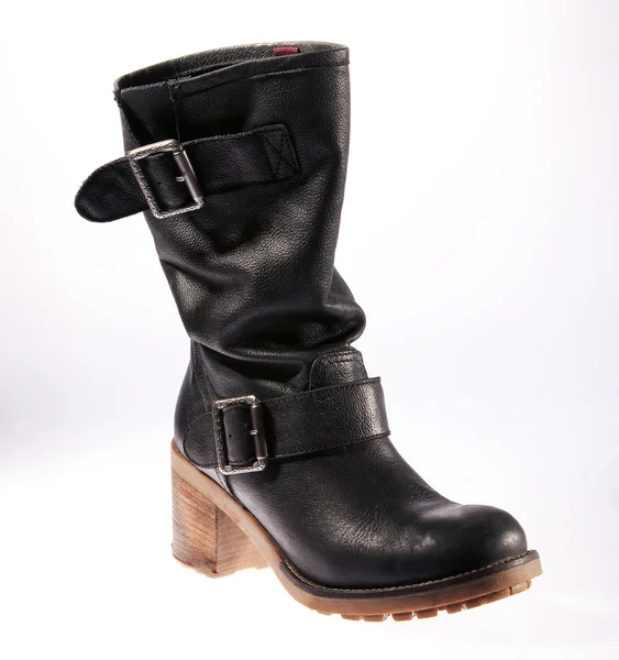 Black leather female retro boot — Stock Photo, Image