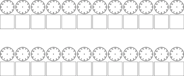 Vierundzwanzig leere Uhren mit leeren Boxen darunter — Stockvektor